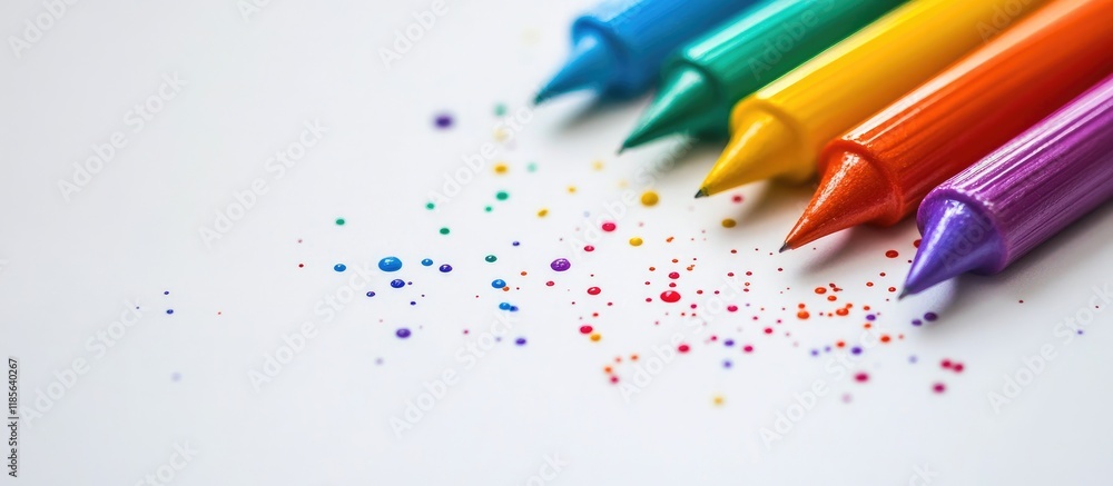 Poster close up of colorful markers arranged with scattered glitter and blank space for creative text or de