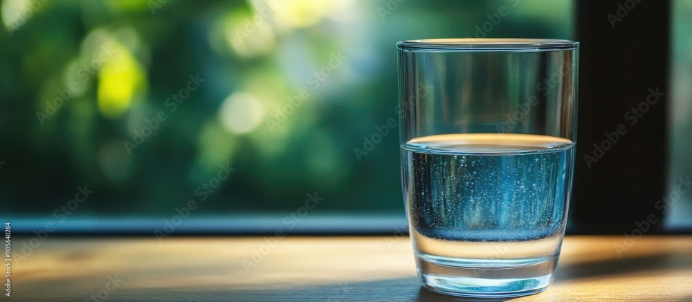 Poster close up of a glass filled with clear water on a wooden table with blurred green background creating