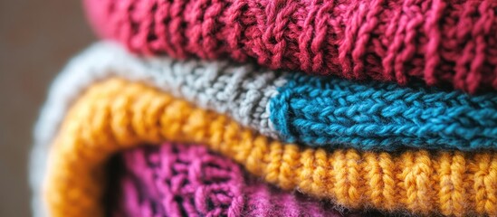 Stack of colorful knitted sweaters with warm textures ideal for winter concepts showcasing cozy fashion and home decor with empty space for text