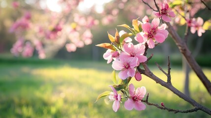 Obraz premium Pink peach blossoms on tree branches with lush green grass and soft sunlight creating a serene spring atmosphere in the background