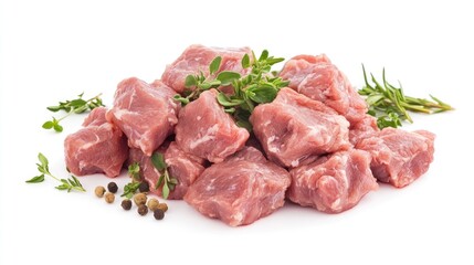 Fresh raw pork chunks garnished with herbs and spices on a white background for culinary or recipe purposes