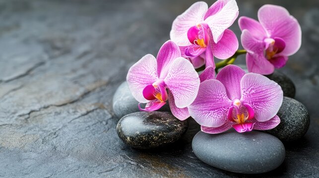 Pink orchid flowers resting on smooth zen stones with a minimalist aesthetic for relaxation and wellness themes