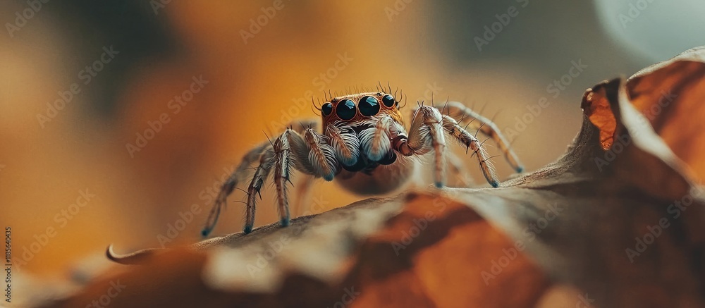 Poster detailed macro shot of a tiny jumping spider on vibrant leaves with natural bokeh and clear space fo