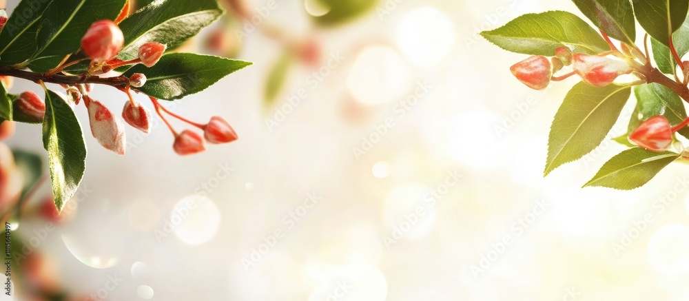 Poster close up of vibrant tree buds and leaves with soft blurred background ideal for nature themes and te