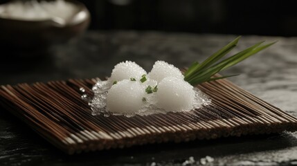 Delicate food presentation of round dumplings garnished with herbs on bamboo mat in elegant setting showcasing culinary artistry