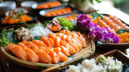 Artfully arranged sushi platter featuring raw salmon, pickled ginger, tropical flowers, and various delicacies at an upscale restaurant setting
