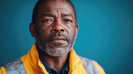 Fototapeta premium Serious African American middle aged construction worker in professional PPE against a blue backdrop showcasing dedication and expertise