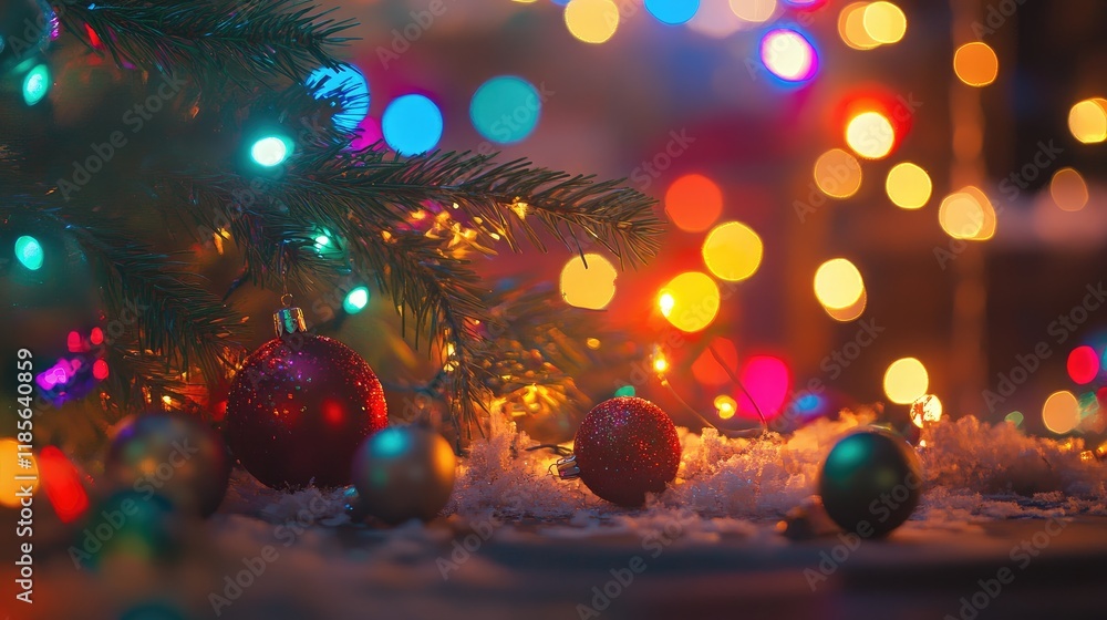 Poster festive holiday scene with colorful tree ornaments and blurred bokeh lights creating a warm and joyf