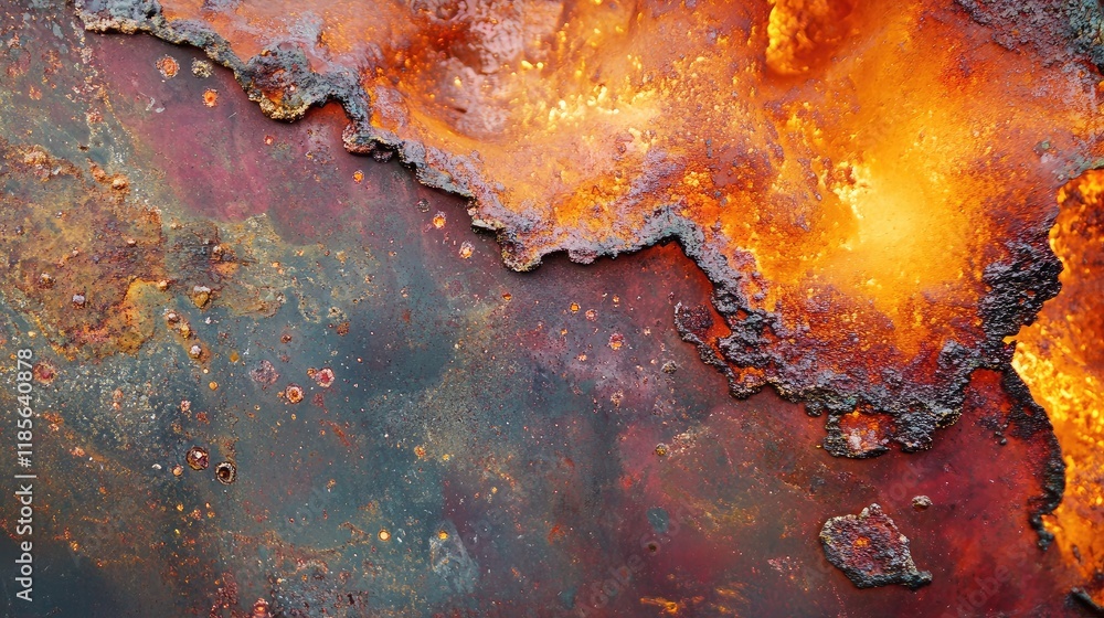 Poster close up of vibrant fiery flames with metallic accents textures and patterns in abstract background