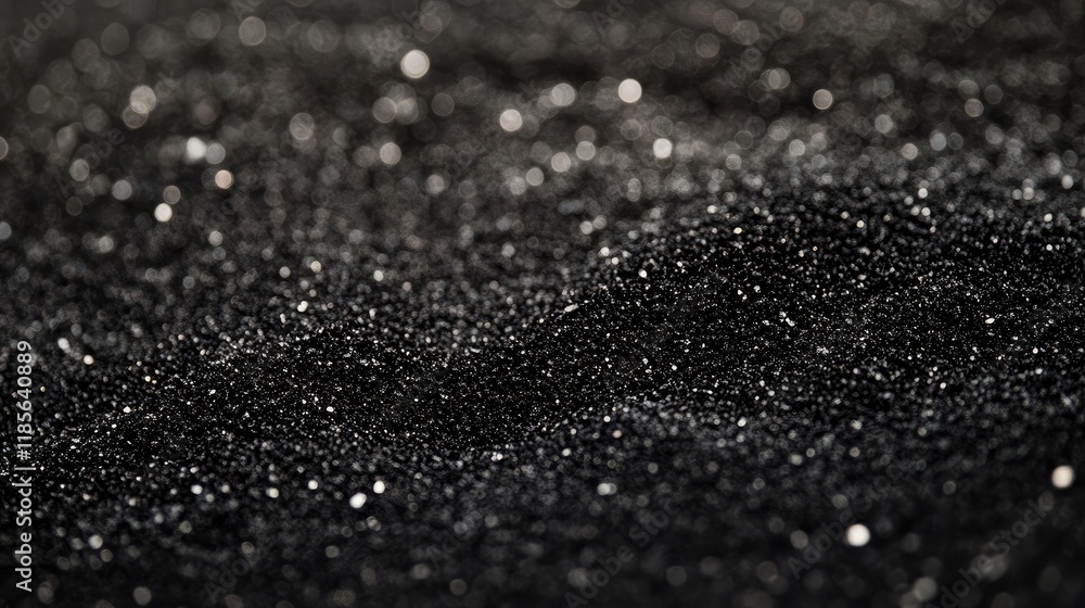Poster Close up of shimmering black sand particles on beach creating a textured surface with soft sunset lighting in the background