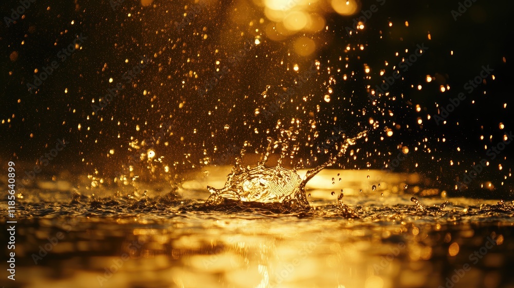Poster glowing water splash with shimmering droplets under golden sunlight creating a vibrant and dynamic v
