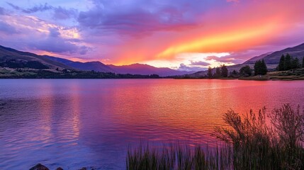 Fototapeta premium Stunning sunset illuminates the lake with vibrant colors and a reflective surface creating a serene natural landscape scene
