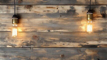 Close up of vintage filament light bulbs glowing against rustic wooden background showcasing warm ambiance and retro aesthetics