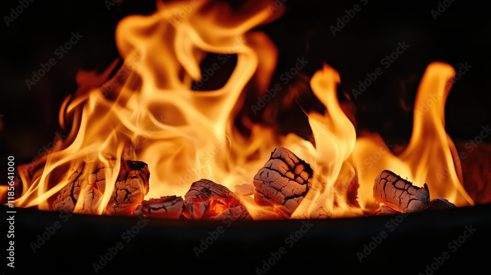 Poster close up of vibrant flames in a fire pit with smoky coals and dark background ideal for adding text 