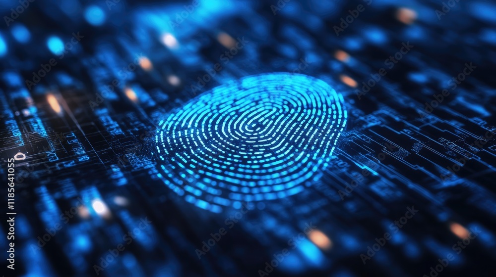 Poster digital fingerprint scanning technology with a glowing fingerprint over a circuit board background, 