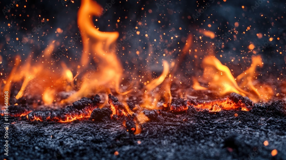Aufkleber close up of vibrant fire flames and glowing ash on a dark concrete surface creating a dynamic and fi