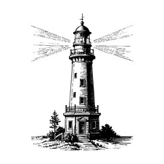 light house sketch engraving black and white outline. Scratch board imitation.
