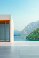 Modern architecture showcases serene landscape and tranquil waters in a stunning location