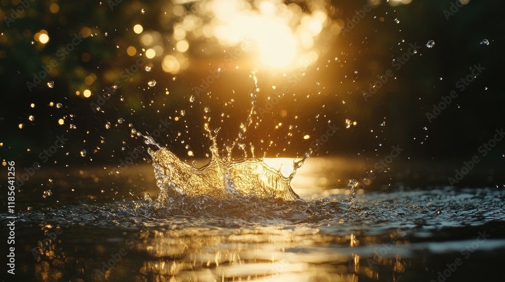 Poster glowing water splash illuminated by sunlight creating a serene and vibrant atmosphere in a tranquil 