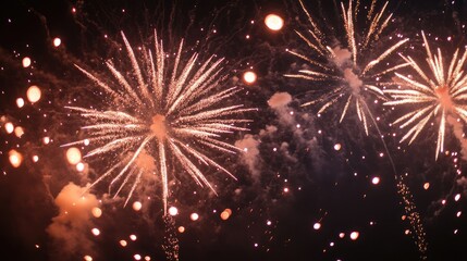 Obraz premium Vibrant fireworks illuminating the night sky with sparkling particles and brilliant light bursts during a festive celebration.