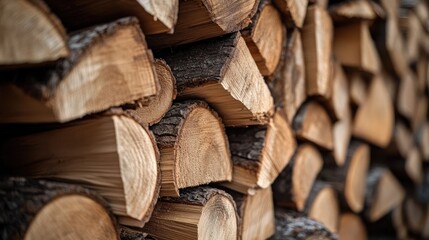 Fototapeta premium Close Up of Neatly Stacked Firewood Showcasing Natural Wood Textures and Rustic Charm in an Outdoor Setting