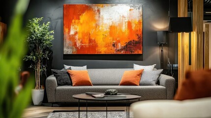 A contemporary living room showcasing a bold accent wall, sleek furniture, and artistic dcor, creating a stylish and sophisticated space.