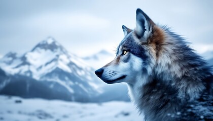 Obraz premium Majestic Wolf in a Snowy Mountain Landscape