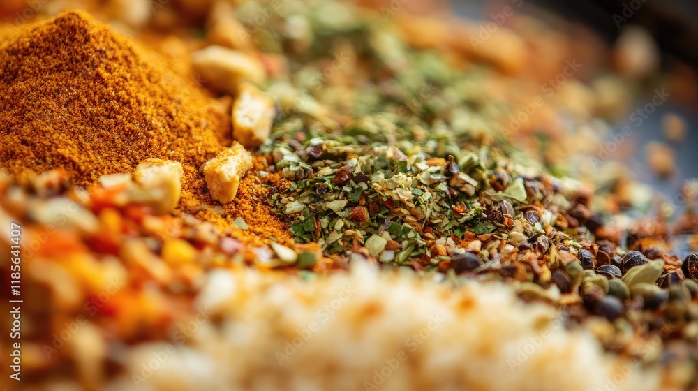 Poster close up of an array of vibrant spices used in traditional chicken biryani showcasing rich colors an