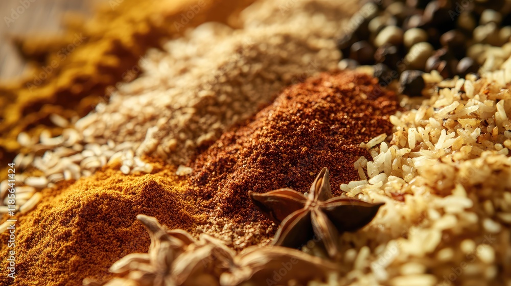Poster colorful spices for biryani arranged in close-up with shallow depth of field showcasing their textur