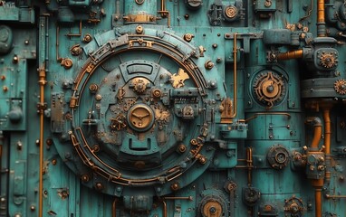 A detailed retrofuturistic steampunk cityscape, with industrial elements, steampowered machinery, intricate clockwork mechanisms, and a focus on horology and Victorian technology