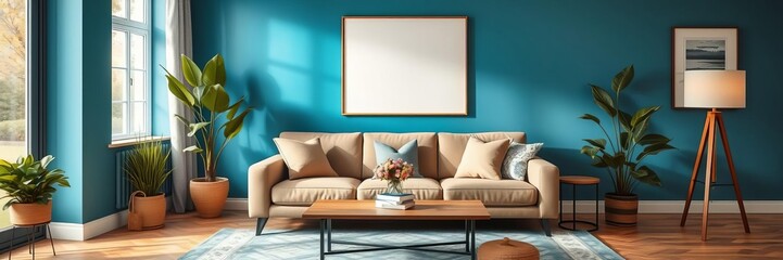 modern grey sofa in blue room with leaf frame blanket middle table lamp armchair garden view, home, design, cozy