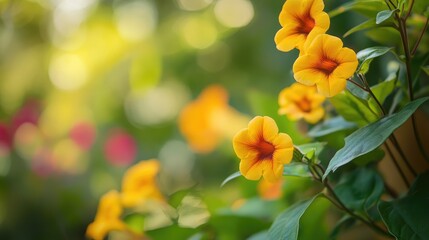 Close up of vibrant yellow Thunbergia flowers blooming in a lush garden background with soft bokeh lighting effect