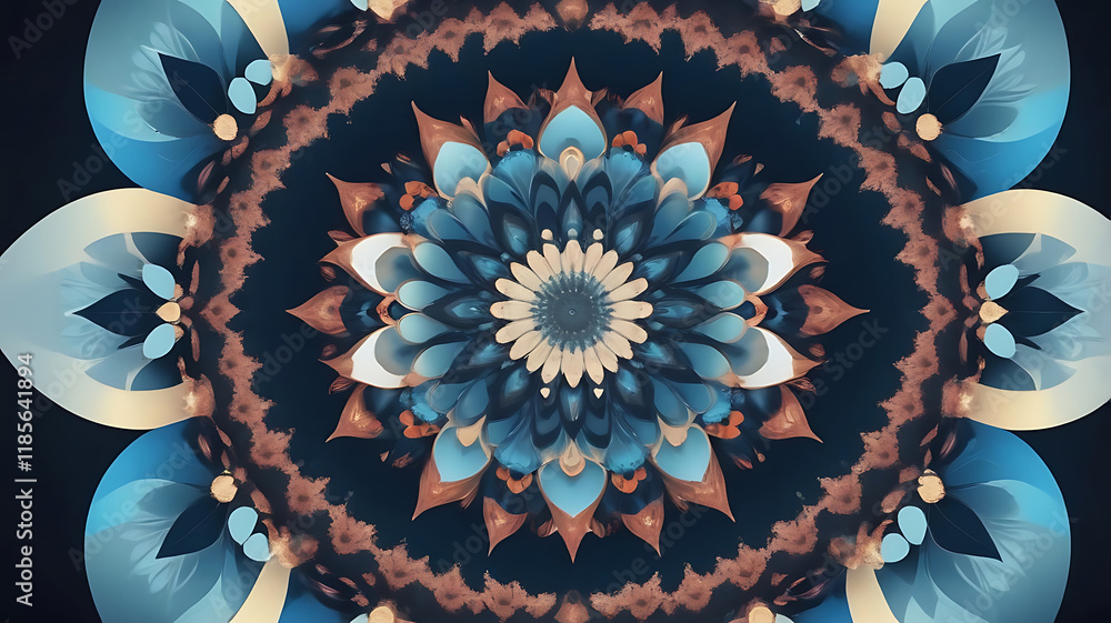 Poster modern a mesmerizing mandala with a kaleidoscopic composition of fractal effect on a background.