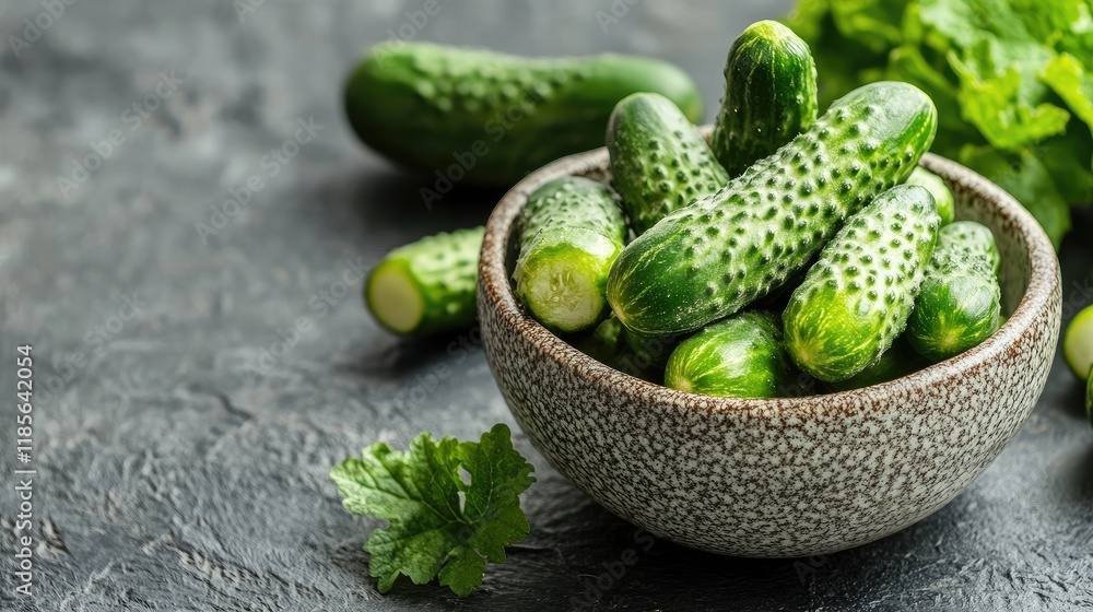 Poster freshly harvested mini cucumbers displayed in a rustic bowl on a textured stone surface with green f