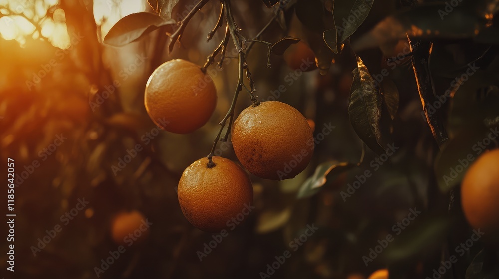 Poster sunset glow on ripe oranges hanging from lush branches in a tranquil orchard setting with warm eveni