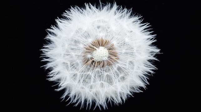 Fluffy white dandelion flower close-up on black background showcasing intricate details of spring's natural beauty in macro photography