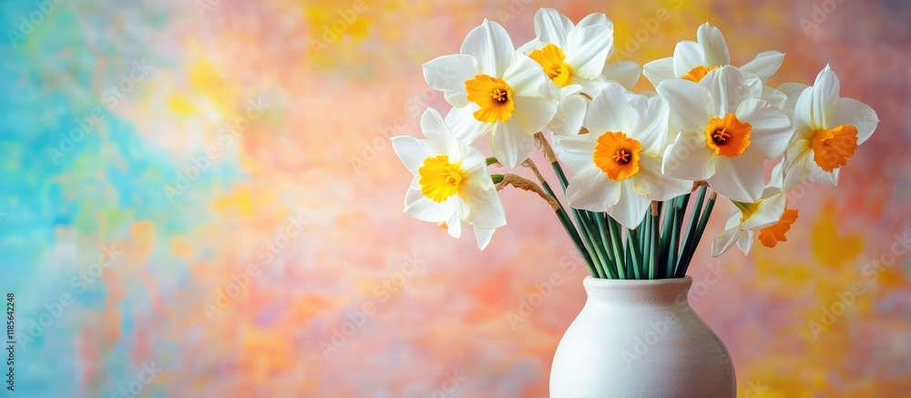 Aufkleber elegant daffodils in a white vase against a colorful abstract background enhancing a serene and vibr