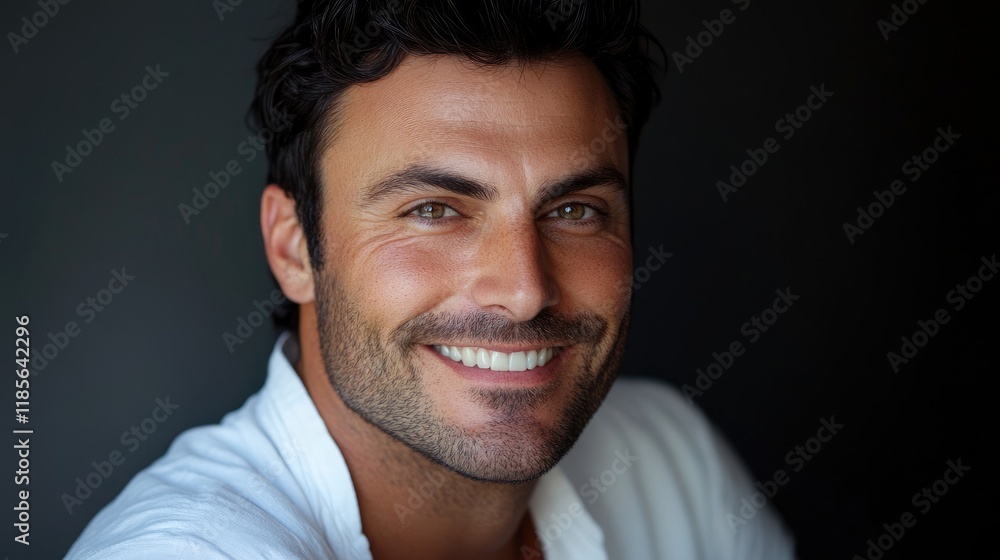 Poster smiling handsome man close-up portrait with dark background and ample copyspace for text or branding
