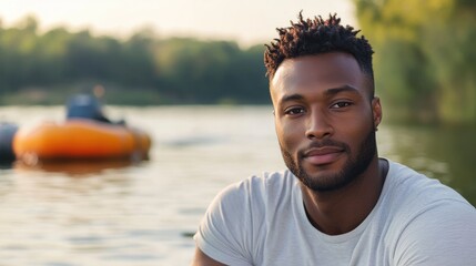 Handsome African American man enjoying summer by the river with boat and buoy in the background capturing a serene outdoor moment