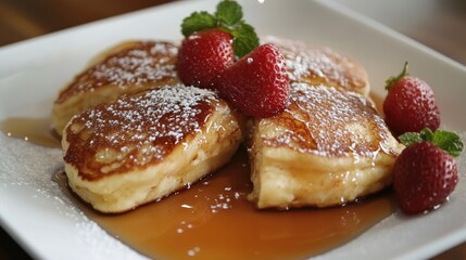 Delicious ricotta pancakes topped with fresh strawberries and syrup served on a white plate with powdered sugar garnish