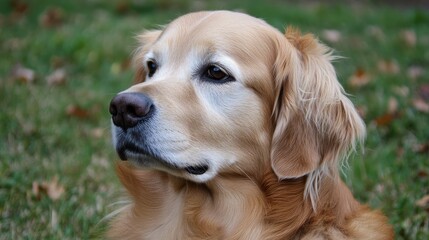 Close up portrait of a calm golden retriever with lush fur and soft focus background highlighting the dog's serene expression and beauty