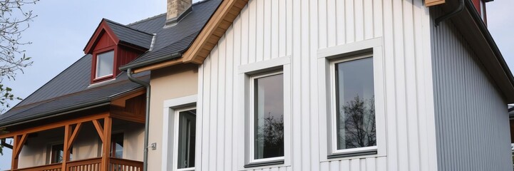 Modern house with zinc facade cladding and slate roof extension, toiture, building, architecture