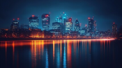 Fototapeta premium A nighttime city skyline reflecting on water, showcasing illuminated buildings and vibrant lights.