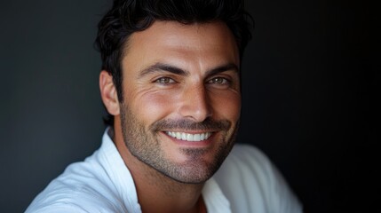 Obraz premium Smiling handsome man close-up portrait with dark background and ample copyspace for text or branding on the left side