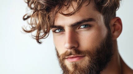 Close up portrait of a stylish man with curly hair and a well-groomed beard showcasing modern grooming trends and facial features