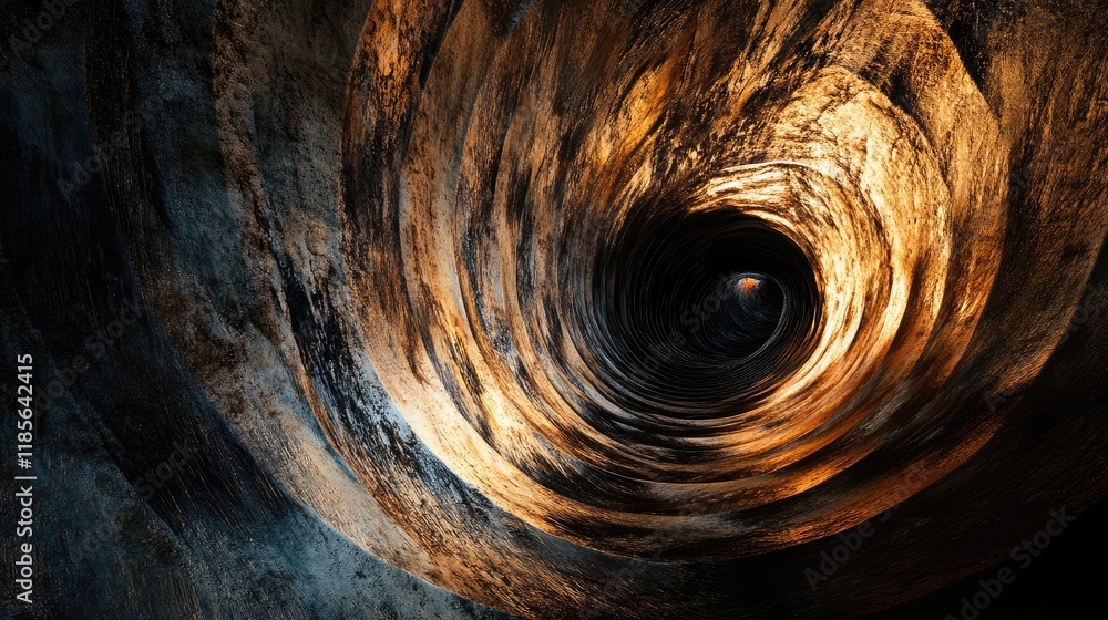 Poster abstract depiction of circular movement in a dark tunnel with surreal lighting effects and textures