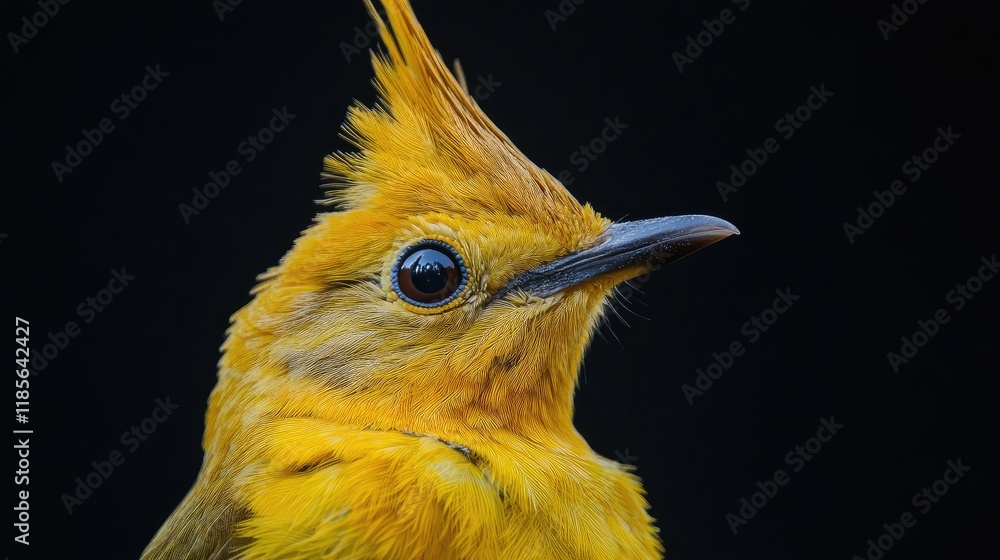 Poster close up portrait of a vibrant yellow bird with large ears set against a dark background showcasing 