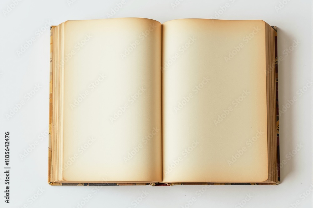 Poster open blank vintage book with yellowed pages, displaying a space for writing or design on a clean whi