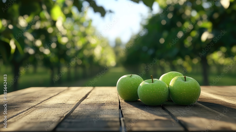 Aufkleber ripe green apples on rustic wooden table in tranquil orchard with softly blurred trees in the backgr