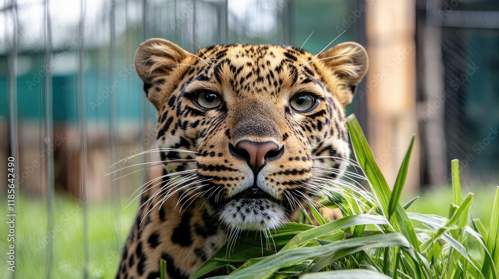 Poster close up portrait of a leopard resting in vibrant green grass showcasing its striking features and i